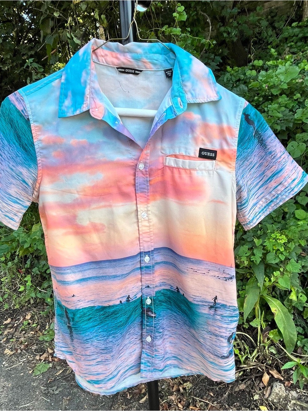 Boys Sunset Surf Button-Down Hawaiian Shirt - Coral, Teal, & Blue